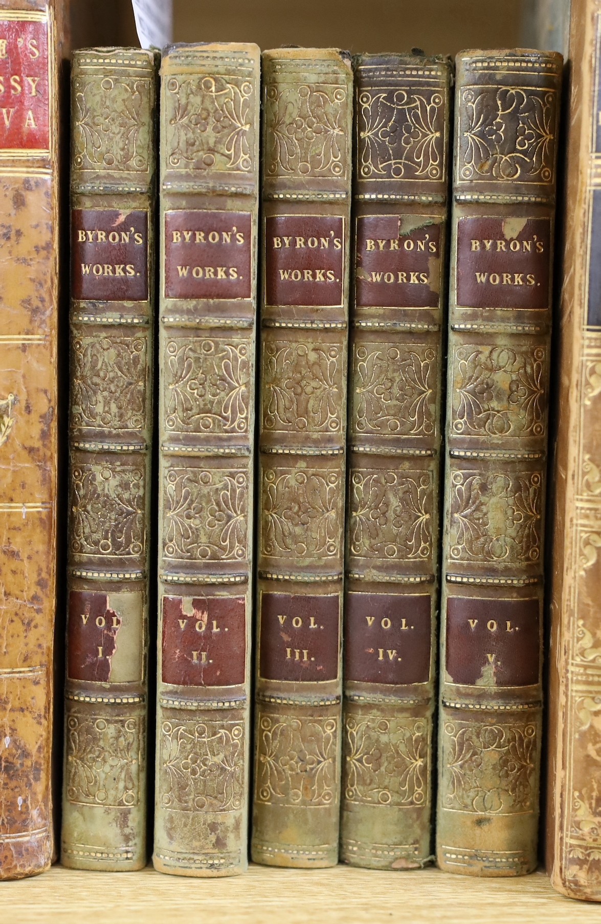 Byron, George Gordon Noel, Lord - Works, 5 vols, 8vo, gilt panelled green calf, contemporary ink presentation inscriptions to front fly leaves, John Murray, London.